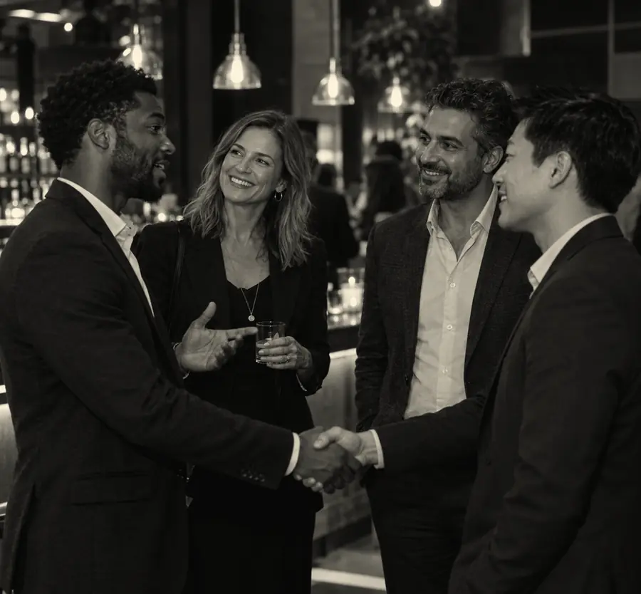 Founders shaking hands near the bar