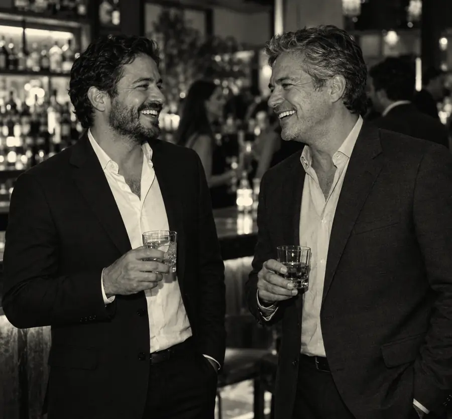 Two guests laughing together at the bar