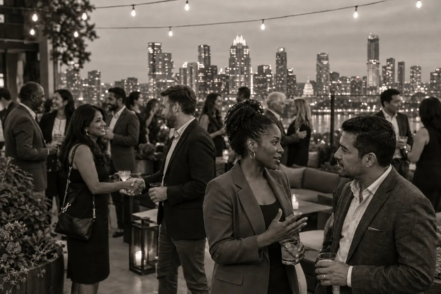 Investors and executives talking over drinks on a high-rise terrace above the Austin skyline at dusk